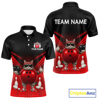 Red Cat Funny Bowling Shirt For Men, Bowling Tournament Polo & 1/4 Zip Bowling Team Shirts NBT1005
