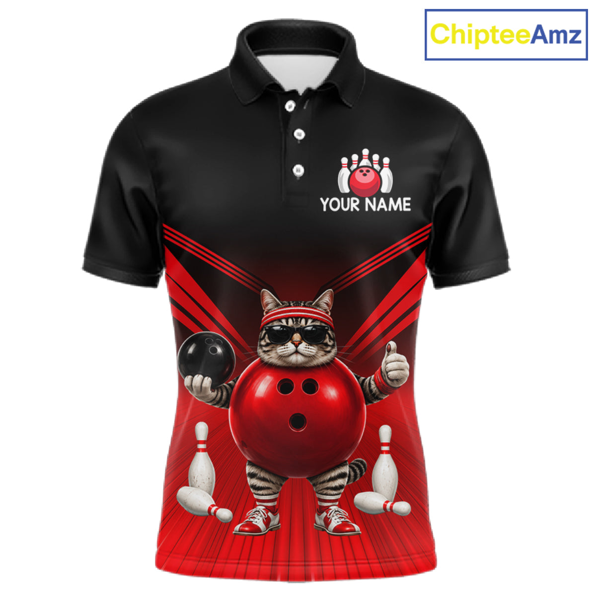 Red Cat Funny Bowling Shirt For Men, Bowling Tournament Polo & 1/4 Zip Bowling Team Shirts NBT1005