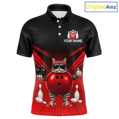 Red Cat Funny Bowling Shirt For Men, Bowling Tournament Polo & 1/4 Zip Bowling Team Shirts NBT1005