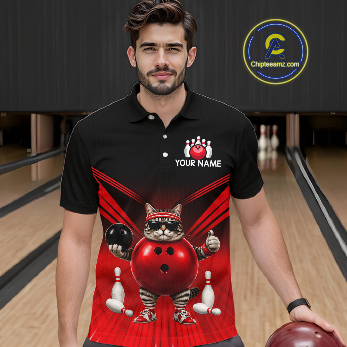 Red Cat Funny Bowling Shirt For Men, Bowling Tournament Polo & 1/4 Zip Bowling Team Shirts NBT1005