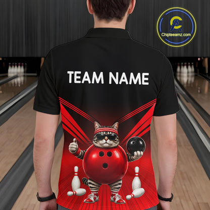 Red Cat Funny Bowling Shirt For Men, Bowling Tournament Polo & 1/4 Zip Bowling Team Shirts NBT1005