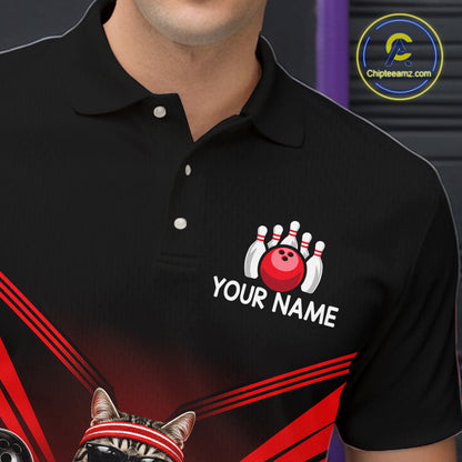 Red Cat Funny Bowling Shirt For Men, Bowling Tournament Polo & 1/4 Zip Bowling Team Shirts NBT1005