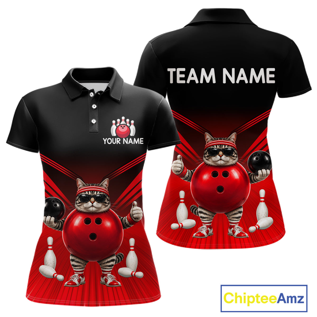 Red Cat Funny Bowling Shirt For Women, Bowling Tournament Polo & 1/4 Zip Bowling Team Shirts NBT1005
