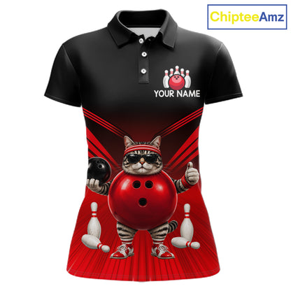 Red Cat Funny Bowling Shirt For Women, Bowling Tournament Polo & 1/4 Zip Bowling Team Shirts NBT1005