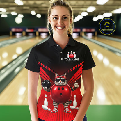 Red Cat Funny Bowling Shirt For Women, Bowling Tournament Polo & 1/4 Zip Bowling Team Shirts NBT1005