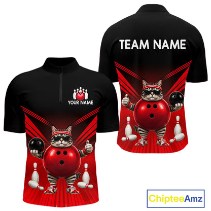 Red Cat Funny Bowling Shirt For Men, Bowling Tournament Polo & 1/4 Zip Bowling Team Shirts NBT1005