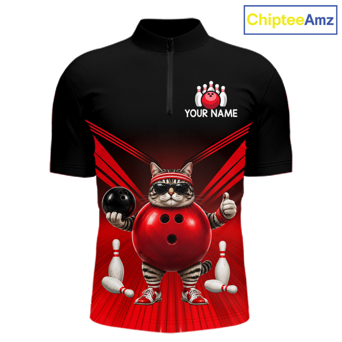 Red Cat Funny Bowling Shirt For Men, Bowling Tournament Polo & 1/4 Zip Bowling Team Shirts NBT1005
