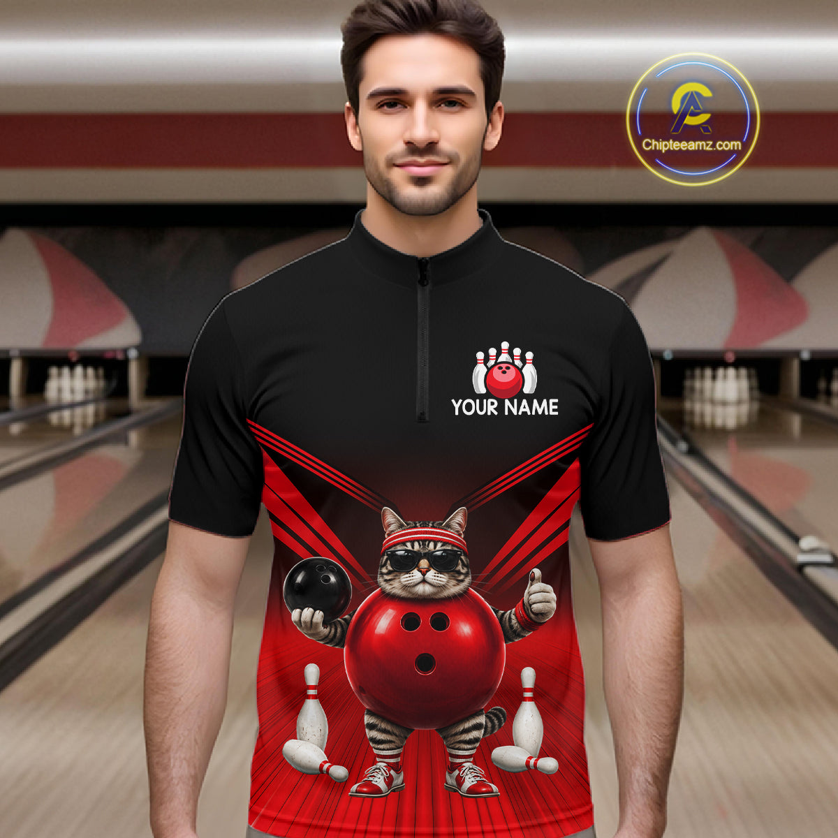 Red Cat Funny Bowling Shirt For Men, Bowling Tournament Polo & 1/4 Zip Bowling Team Shirts NBT1005