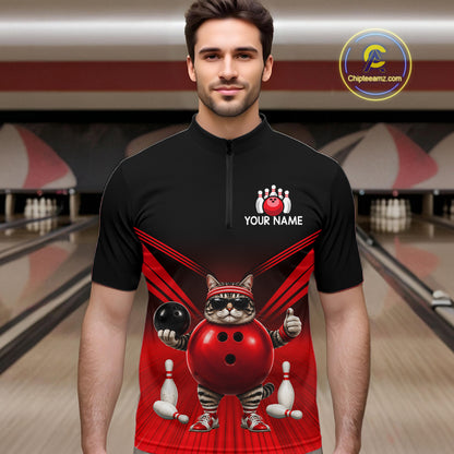 Red Cat Funny Bowling Shirt For Men, Bowling Tournament Polo & 1/4 Zip Bowling Team Shirts NBT1005