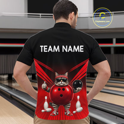Red Cat Funny Bowling Shirt For Men, Bowling Tournament Polo & 1/4 Zip Bowling Team Shirts NBT1005