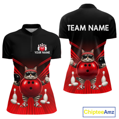 Red Cat Funny Bowling Shirt For Women, Bowling Tournament Polo & 1/4 Zip Bowling Team Shirts NBT1005