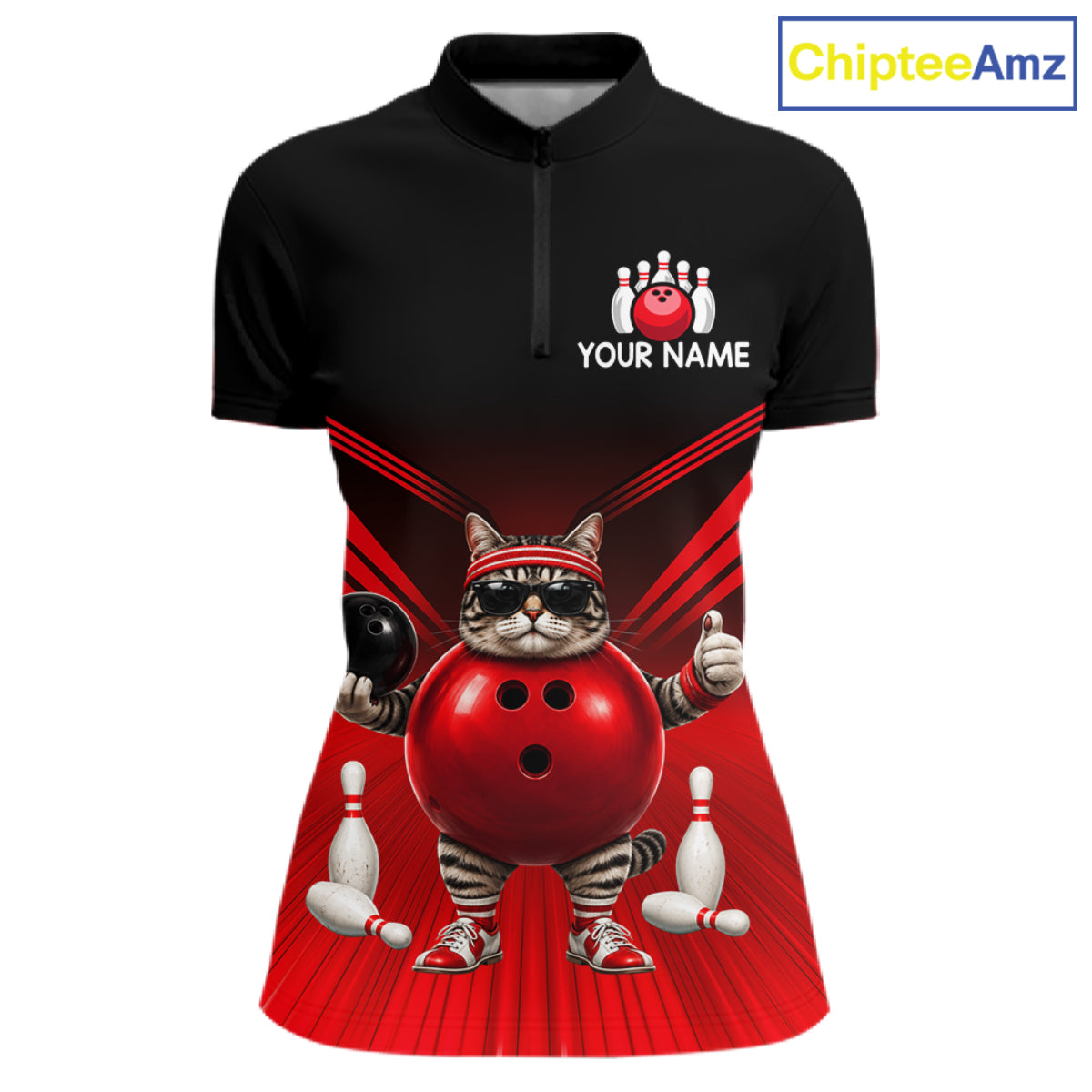 Red Cat Funny Bowling Shirt For Women, Bowling Tournament Polo & 1/4 Zip Bowling Team Shirts NBT1005
