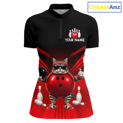 Red Cat Funny Bowling Shirt For Women, Bowling Tournament Polo & 1/4 Zip Bowling Team Shirts NBT1005