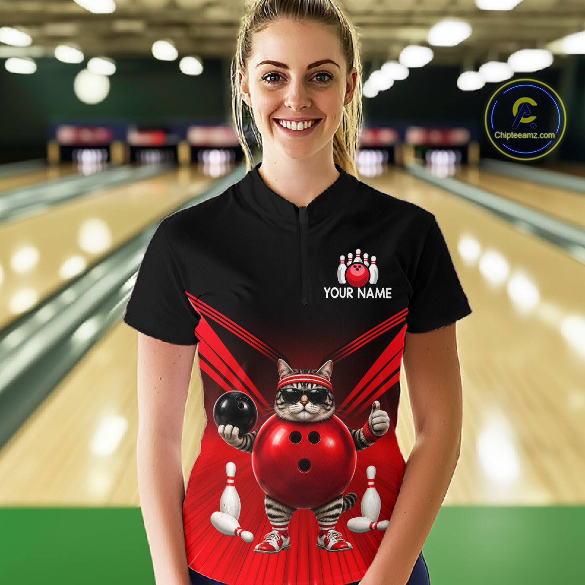 Red Cat Funny Bowling Shirt For Women, Bowling Tournament Polo & 1/4 Zip Bowling Team Shirts NBT1005