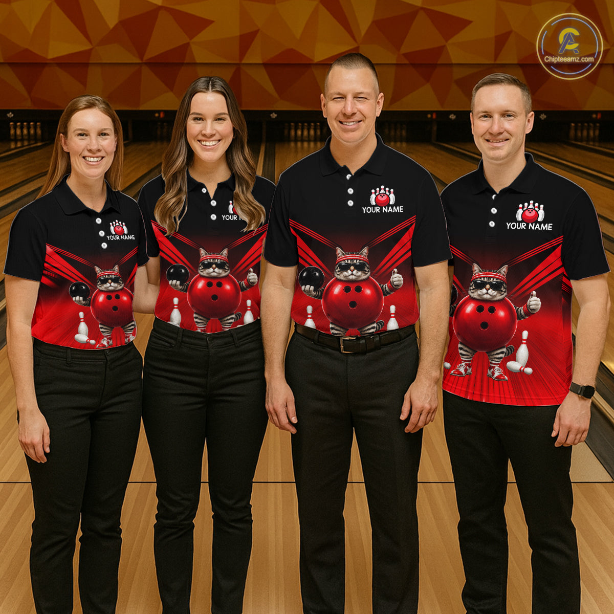 Red Cat Funny Bowling Shirt For Men, Bowling Tournament Polo & 1/4 Zip Bowling Team Shirts NBT1005