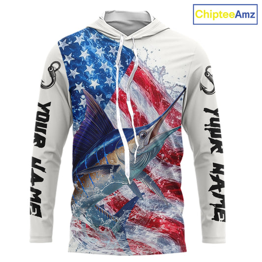 American Flag Patriotic Marlin Fishing Custom Long Sleeve Hooded Shirts, 4th of July Fishing Tournament Shirts NBT526