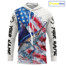 Load image into Gallery viewer, American Flag Patriotic Marlin Fishing Custom Long Sleeve Hooded Shirts, 4th of July Fishing Tournament Shirts NBT526