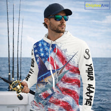 Load image into Gallery viewer, American Flag Patriotic Marlin Fishing Custom Long Sleeve Hooded Shirts, 4th of July Fishing Tournament Shirts NBT526