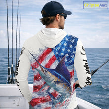 Load image into Gallery viewer, American Flag Patriotic Marlin Fishing Custom Long Sleeve Hooded Shirts, 4th of July Fishing Tournament Shirts NBT526