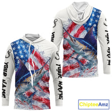 Load image into Gallery viewer, American Flag Patriotic Marlin Fishing Custom Long Sleeve Hooded Shirts, 4th of July Fishing Tournament Shirts NBT526