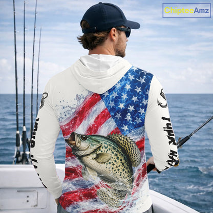 American Flag Patriotic Crappie Fishing Custom Long Sleeve Hooded Shirts, 4th of July Fishing Tournament Shirts NBT525