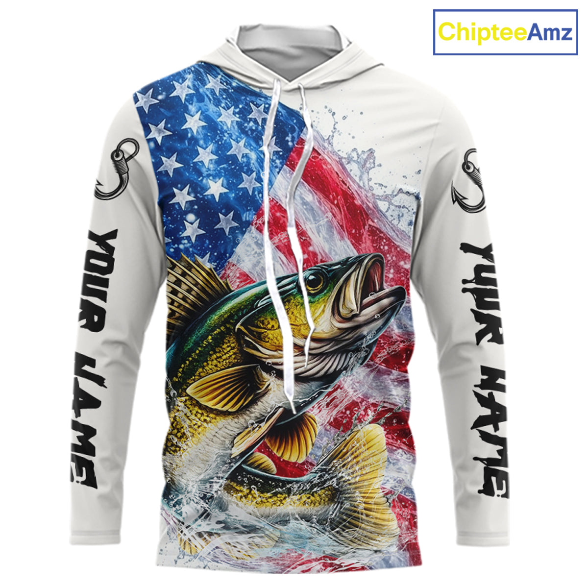 American Flag Patriotic Walleye Fishing Custom Long Sleeve Hooded Shirts, 4th of July Fishing Tournament Shirts NBT527