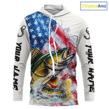 Load image into Gallery viewer, American Flag Patriotic Walleye Fishing Custom Long Sleeve Hooded Shirts, 4th of July Fishing Tournament Shirts NBT527