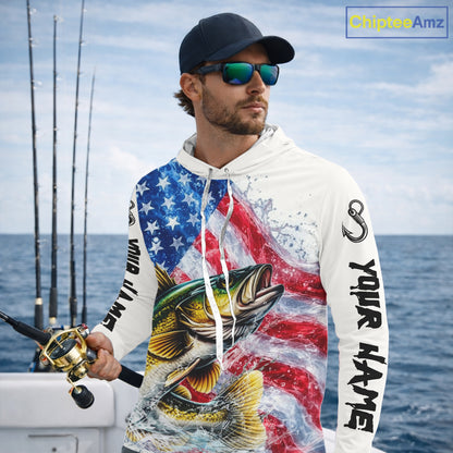 American Flag Patriotic Walleye Fishing Custom Long Sleeve Hooded Shirts, 4th of July Fishing Tournament Shirts NBT527