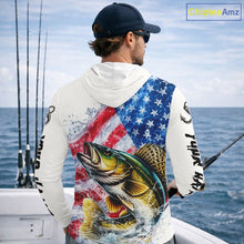 Load image into Gallery viewer, American Flag Patriotic Walleye Fishing Custom Long Sleeve Hooded Shirts, 4th of July Fishing Tournament Shirts NBT527