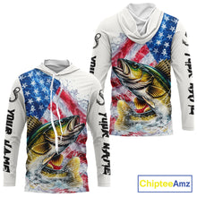 Load image into Gallery viewer, American Flag Patriotic Walleye Fishing Custom Long Sleeve Hooded Shirts, 4th of July Fishing Tournament Shirts NBT527
