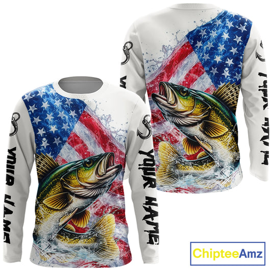 American Flag Patriotic Walleye Fishing Custom Long Sleeve Shirts, 4th of July Fishing Tournament Shirts NBT527