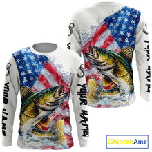 Load image into Gallery viewer, American Flag Patriotic Walleye Fishing Custom Long Sleeve Shirts, 4th of July Fishing Tournament Shirts NBT527