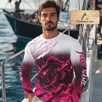 Largemouth Bass Long Sleeve Fishing Shirts Pink Angry Fish, Bass Fishing Shirts NBT387