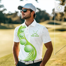 Load image into Gallery viewer, Mens Golf Polo Shirt Green Golf Ball Pattern Custom Name White Golf Shirts, Golf Gifts For Men NBT536