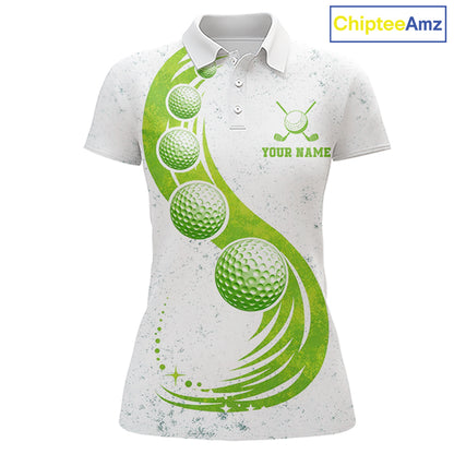 Womens Golf Polo Shirt Green Golf Ball Pattern Custom Name White Golf Shirts, Golf Gifts For Women NBT536