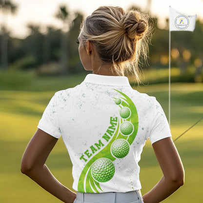 Womens Golf Polo Shirt Green Golf Ball Pattern Custom Name White Golf Shirts, Golf Gifts For Women NBT536
