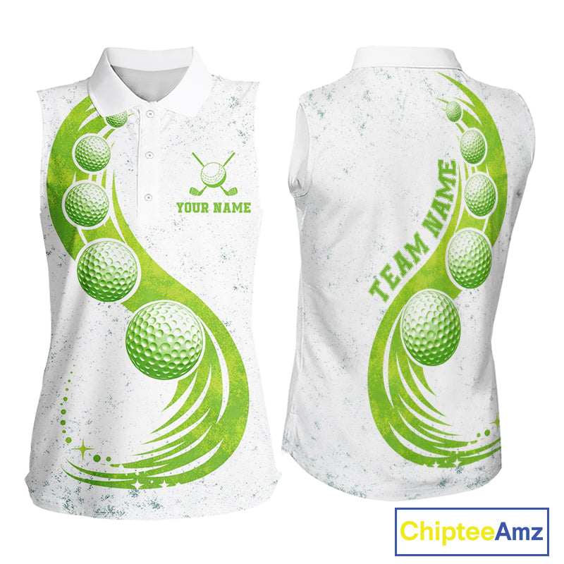 Womens Sleeveless Golf Polo Shirt Green Golf Ball Pattern Custom Name White Golf Shirts, Golf Gifts For Ladies NBT536