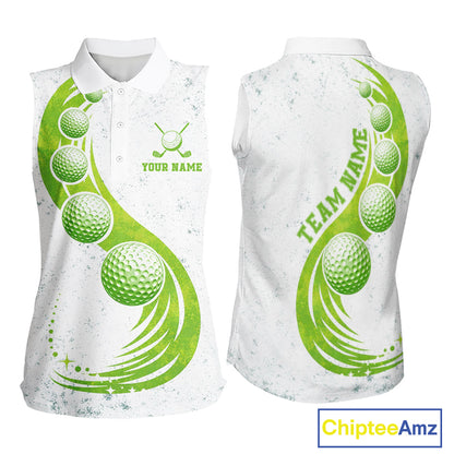 Womens Sleeveless Golf Polo Shirt Green Golf Ball Pattern Custom Name White Golf Shirts, Golf Gifts For Ladies NBT536