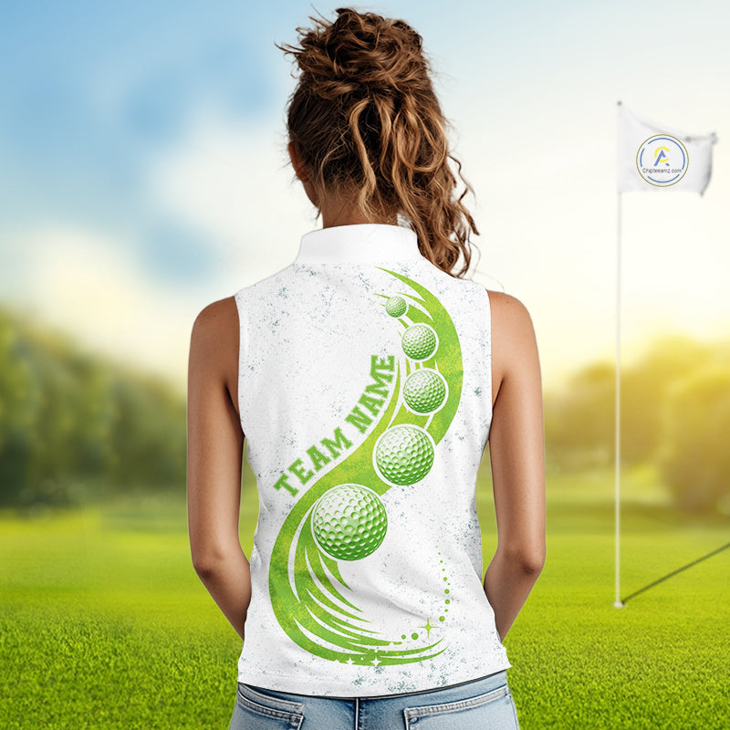 Womens Sleeveless Golf Polo Shirt Green Golf Ball Pattern Custom Name White Golf Shirts, Golf Gifts For Ladies NBT536