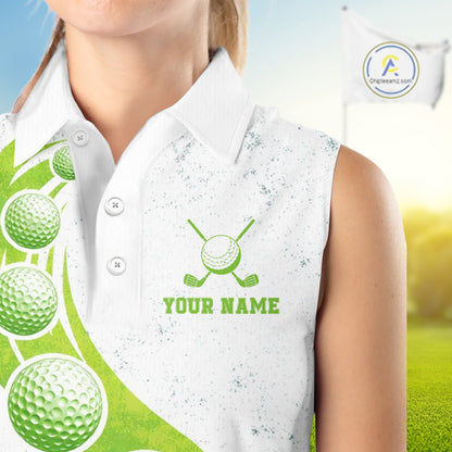 Womens Sleeveless Golf Polo Shirt Green Golf Ball Pattern Custom Name White Golf Shirts, Golf Gifts For Ladies NBT536