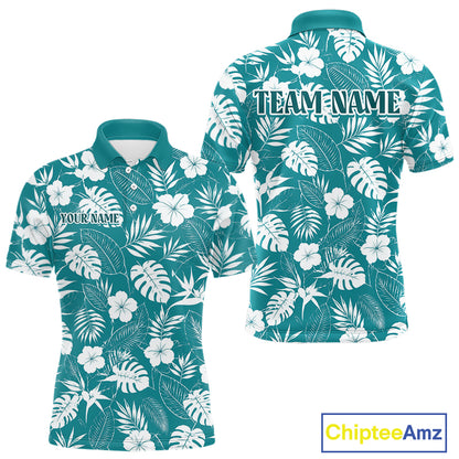 Teal polo shirt with white floral and leaf pattern, customizable text