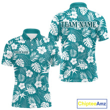 Load image into Gallery viewer, Teal polo shirt with white floral and leaf pattern, customizable text