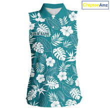 Load image into Gallery viewer, Teal sleeveless shirt with white floral and leaf pattern on a white background