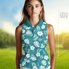 Load image into Gallery viewer, Woman wearing a teal sleeveless shirt with white floral pattern on a golf course