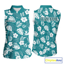 Load image into Gallery viewer, Teal sleeveless shirt with white floral pattern and customizable text on a white background