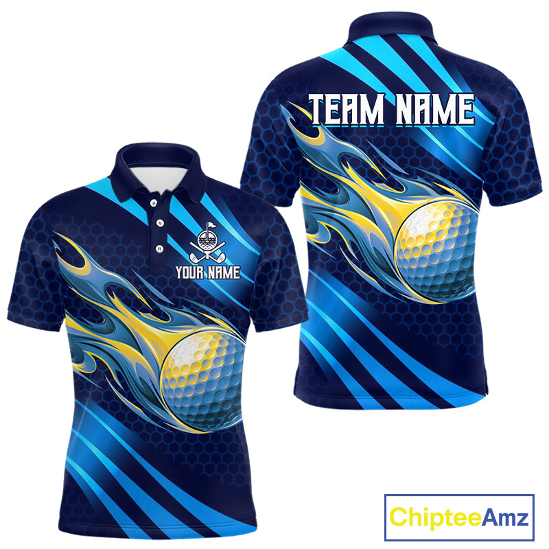 Custom Blue Flame Golf Ball Mens Golf Polo Shirts, Personalized Golf Team Jerseys, Golf Outfits NBT1014