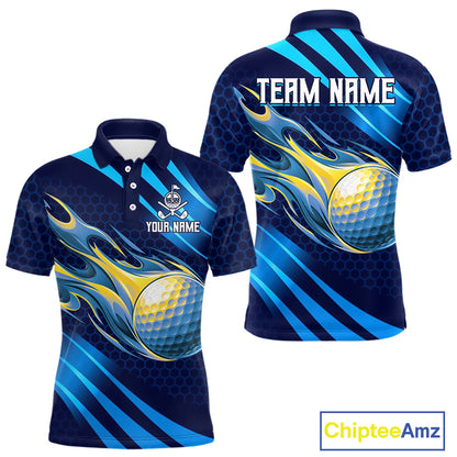 Custom Blue Flame Golf Ball Mens Golf Polo Shirts, Personalized Golf Team Jerseys, Golf Outfits NBT1014