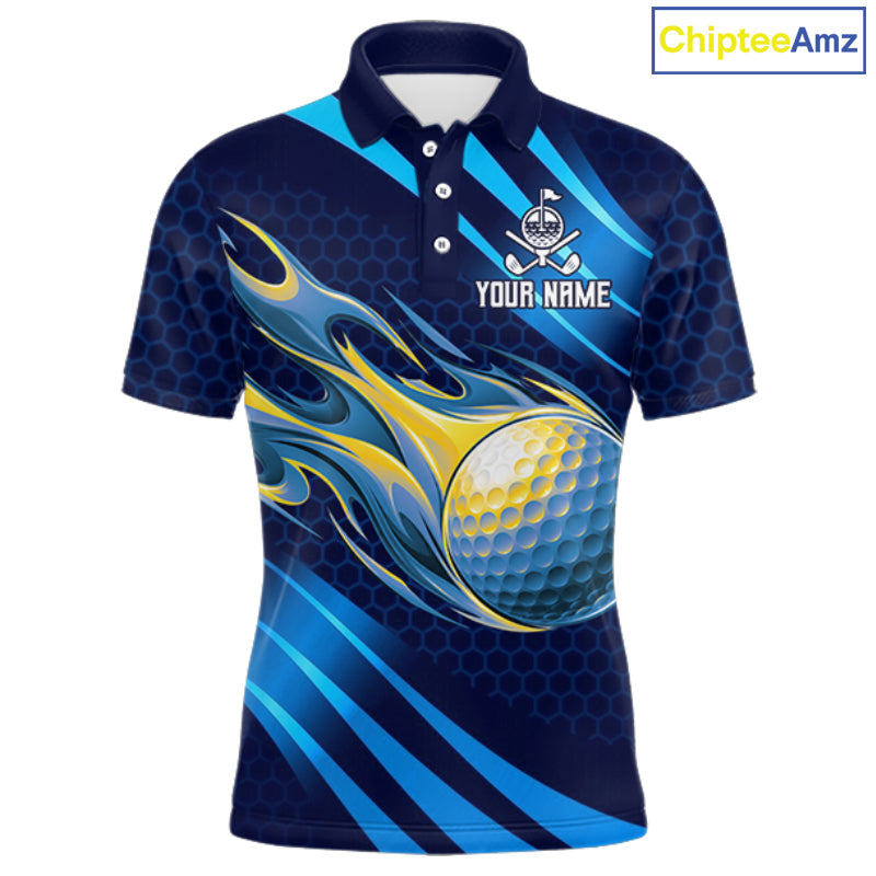 Custom Blue Flame Golf Ball Mens Golf Polo Shirts, Personalized Golf Team Jerseys, Golf Outfits NBT1014