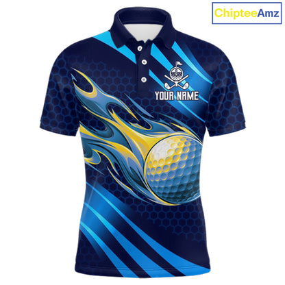Custom Blue Flame Golf Ball Mens Golf Polo Shirts, Personalized Golf Team Jerseys, Golf Outfits NBT1014