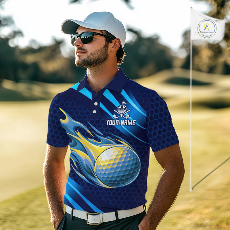 Custom Blue Flame Golf Ball Mens Golf Polo Shirts, Personalized Golf Team Jerseys, Golf Outfits NBT1014